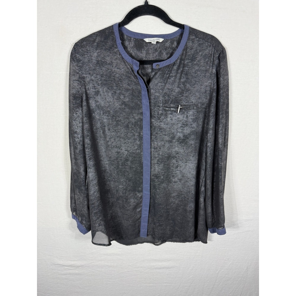 Calvin Klein Jeans Womens L Black Sheer Button Front Blouses Long Sleeve